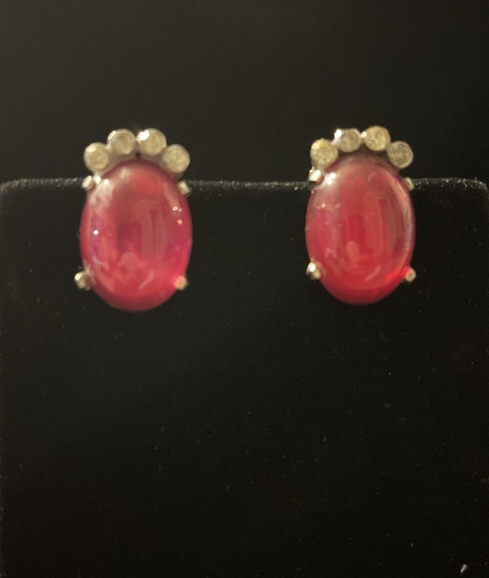 Vintage JOMAZ Signed Ruby Art Glass & Rhinestones Clip-On Earrings